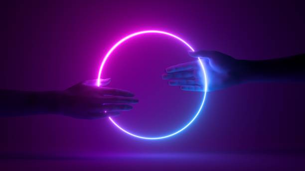istock 3d render, abstract minimal background, two mannequin hands hold neon ring, cooperation concept. Pink blue glowing round frame 1438669707