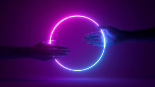 3d render, abstract minimal background, two mannequin hands hold neon ring, cooperation concept. Pink blue glowing round frame stock photo