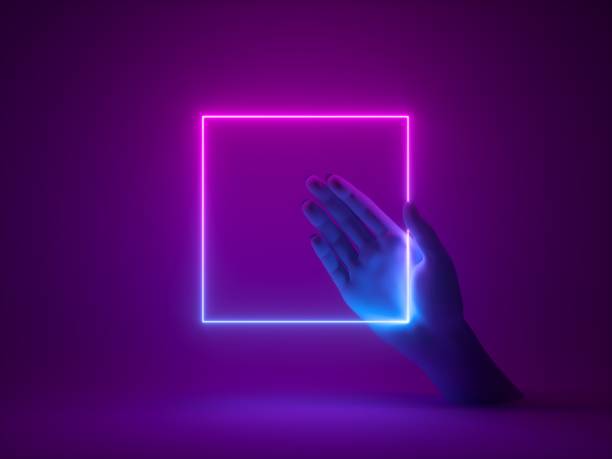 istock 3d render, simple geometrical background, mannequin hand holds pink blue neon square frame. Futuristic technology wallpaper 1438669736