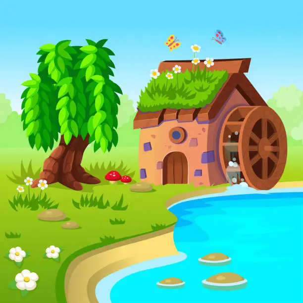 Vector illustration of Fairy house with water wheel. Hobbit or gnome house.Fairy dwelling with round wooden door and windows, flowers and  mushrooms.