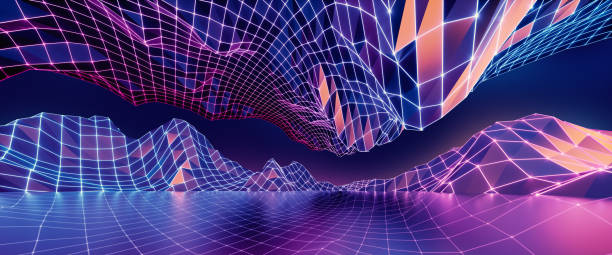 istock 3d rendering, abstract virtual reality violet background, cyber space landscape with unreal mountains. Neon wireframe terrain 1438669779