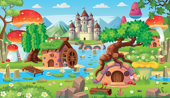Landscape with islands, mountains and a river and houses of hobbits and gnomes. Fantasy castle with towers on the island.Vector cartoon landscape with kingdom, islands, rocks, big lake and clouds.