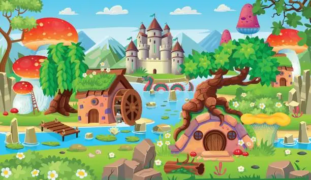 Vector illustration of Landscape with islands, mountains and a river and houses of hobbits and gnomes. Fantasy castle with towers on the island.Vector cartoon landscape with kingdom, islands, rocks, big lake and clouds.