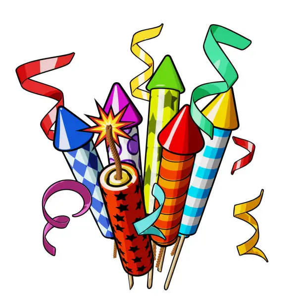 Vector illustration of Firecrackers and rockets for fireworks with falling confetti. Vector illustration on white background