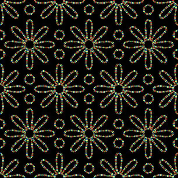 Photo of beaded flowers seamless vector pattern on black background