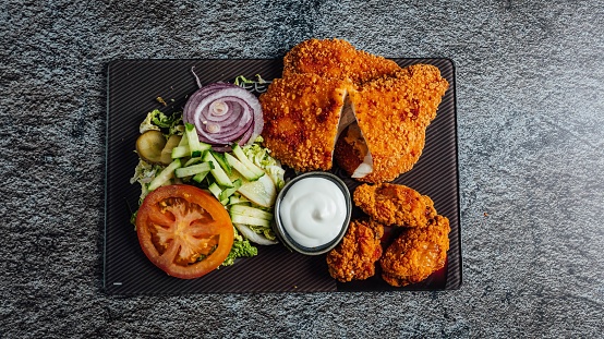 A top view of a dish crispy chicken