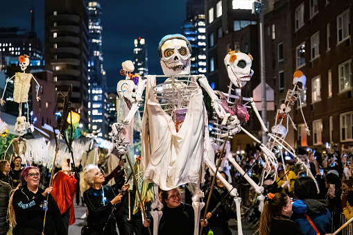 New York, NY - October 31, 2022: People wearing scary costumes at NYC Village Halloween parade