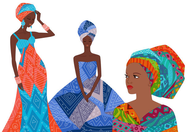 ilustraciones, imágenes clip art, dibujos animados e iconos de stock de mujeres jóvenes africanas vestidas étnicamente aisladas sobre un fondo blanco. áfrica femenina en trajes coloridos de moda. ilustración vectorial de dibujos animados de chicas hermosas - african descent africa african culture pattern