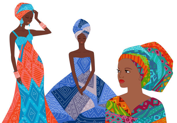 afrykańskie młode kobiety w etnicznych ubraniach izolowane na białym tle. afryka kobieta w modnych kolorowych kostiumach. kreskówkowa ilustracja wektorowa pięknych dziewczyn - african descent africa african culture pattern stock illustrations
