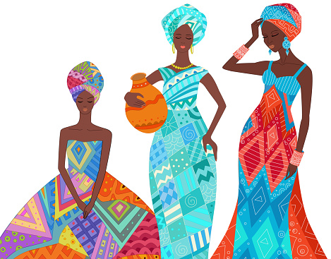 young african women in fashion clothes with closed eyes. Africa female collection in colorful dresses. Cartoon vector illustration of graceful girls