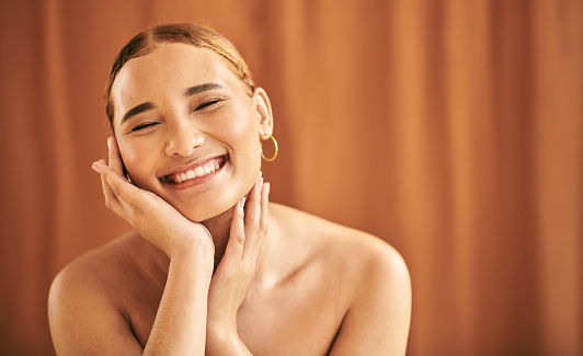 Beauty, skincare and portrait of a woman from Mexico with hands and smile on face. Health, wellness and luxury spa treatment for happy beautiful girl with clean, fresh and natural skin care routine.