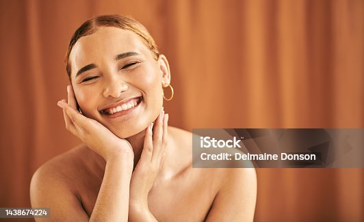 istock Beauty, skincare and portrait of a woman from Mexico with hands and smile on face. Health, wellness and luxury spa treatment for happy beautiful girl with clean, fresh and natural skin care routine. 1438674224