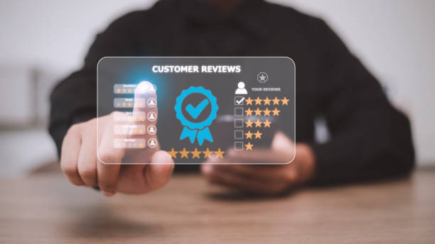 istock Customer review satisfaction feedback survey concept, User give rating to service experience on online application, service leading to reputation ranking of business. 1438674446