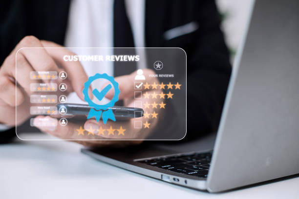 istock Customer review satisfaction feedback survey concept, User give rating to service experience on online application, service leading to reputation ranking of business. 1438674454