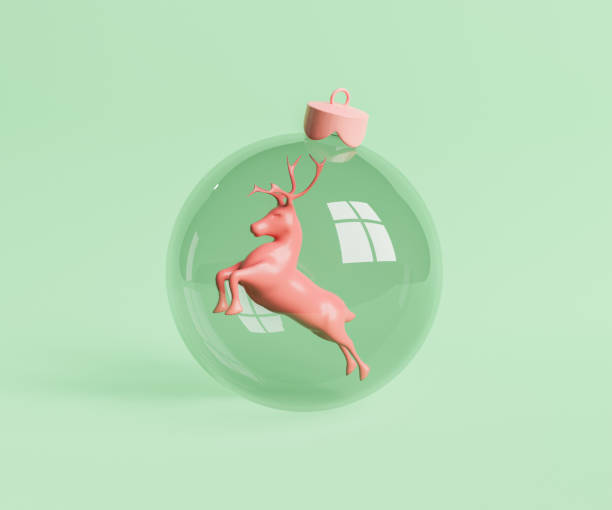 3D illustration of pink reindeer figurine inside transparent glass Christmas bauble against green background