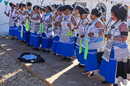 Makhanda, South Africa – July 06, 2019: Xhosa women wearing traditional clothes at the National Arts Festival in Grahamstown.