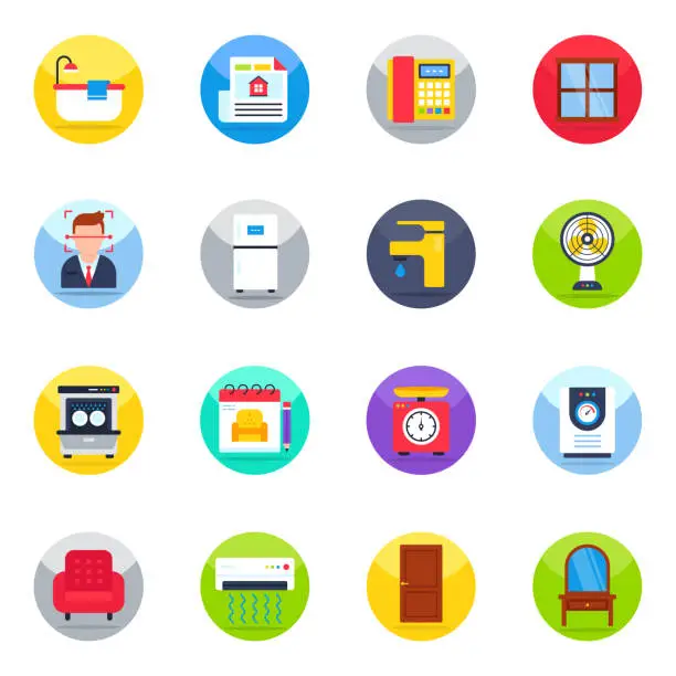 Vector illustration of Pack of Home Accessories Flat Icons