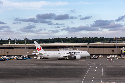 Narita, Japan - September 9, 2022 : Japan Airlines airplane at Narita International Airport in Narita, Chiba Prefecture, Japan.