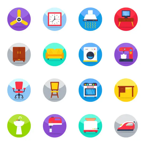 Vector illustration of Pack of Home Appliances and Furniture Flat Icons