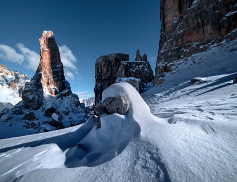 A breathtaking scenery of the snowy rocks at Dolomiten, Italian Alps in winter