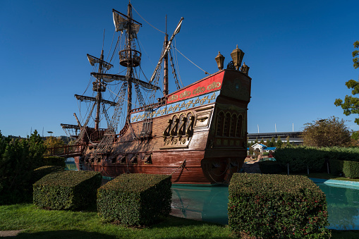 . Eskisehir, Turkey, October 26, 2022: Sazova is a pirate ship in the park that can be toured by children and adults. you can get on the ship and take a photo.