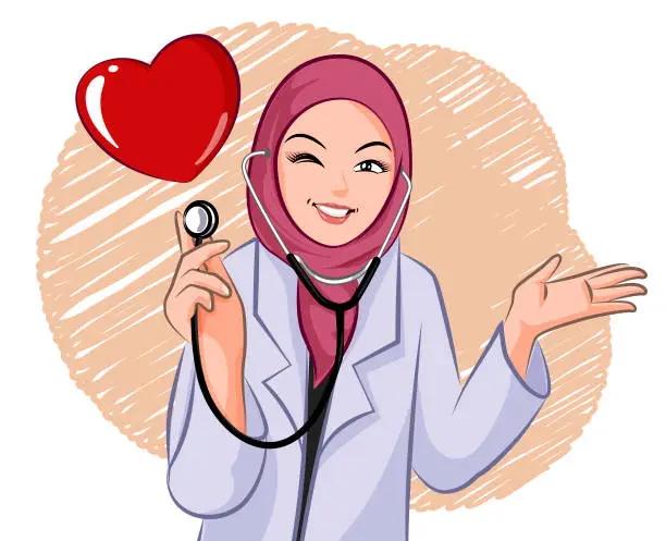 Vector illustration of Muslim girl doctor taking care of the heart.