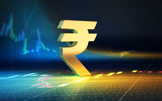 3d render Indian Rupee Sign Sitting on Blue Yellow Financial Stock Exchange Chart Background (Depth of field)