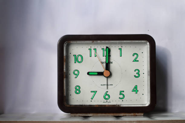 istock vintage alarm clock on shelf and white background 1438684728