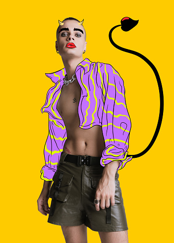 Contemporary art collage. Creative design. Stylish man with drawn shirt over yellow background. Little devil. Concept of creativity, surrealism, pop art. Vibrant color design. Copyspace for ad