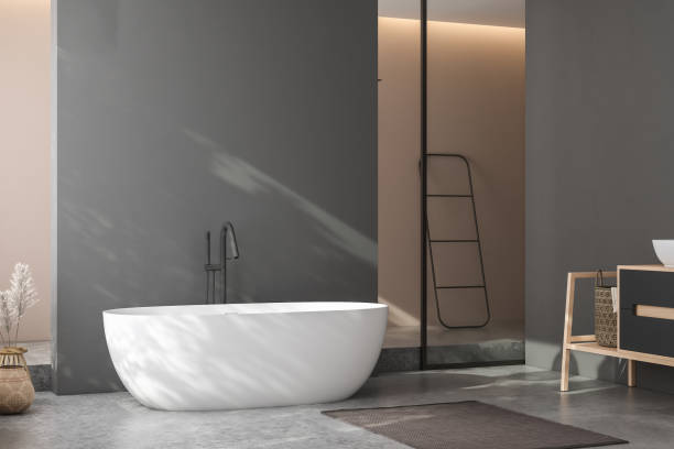 istock Modern minimalist bathroom interior, modern bathroom cabinet, white sink, wooden vanity, interior plants, bathroom accessories, bathtub and shower, black and beige walls, concrete floor. 3d rendering 1438687491