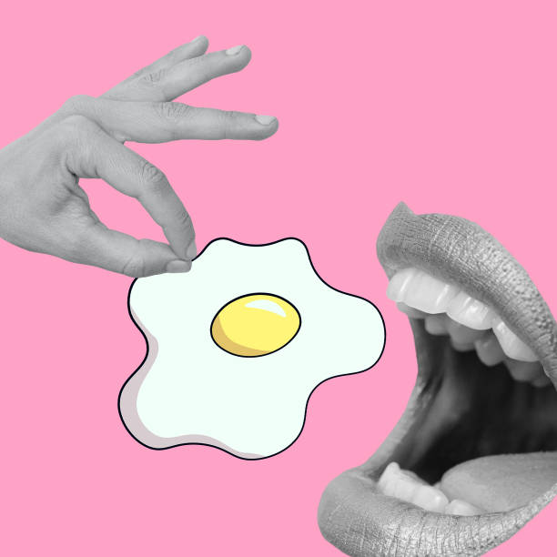 istock Contemporary digital collage art.  Retro creative design. scrambled eggs breakfast time concept 1438687802