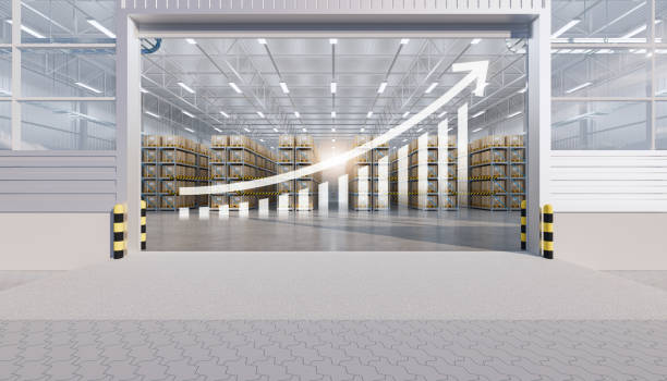 istock 3d rendering of warehouse with increase concept. 1438689044