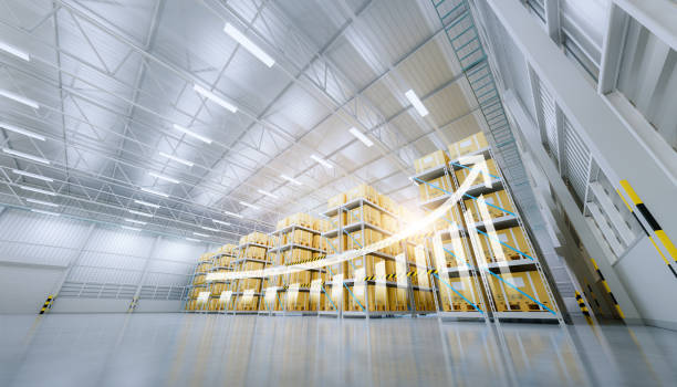 istock 3d rendering of warehouse with increase concept. 1438689067