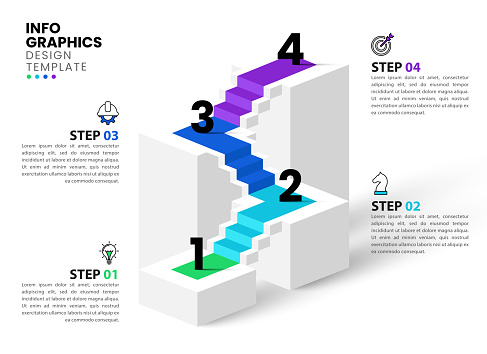 Infographic template with icons and 4 options or steps. Staircase. Can be used for workflow layout, diagram, banner, webdesign. Vector illustration
