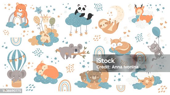 istock Set of illustrations with little animals sleeping on the clouds, on the moon among the stars. Exotic and forest dwellers for children. Vector 1438690775