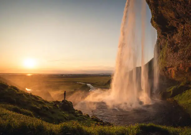 Seljalandsfoss waterfall in Iceland at sunset