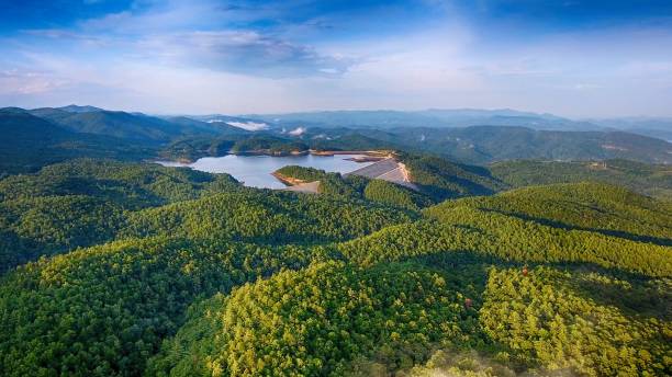aerial shot of a beautiful landscape with the lake jocassee in south carolina - natural land state imagens e fotografias de stock