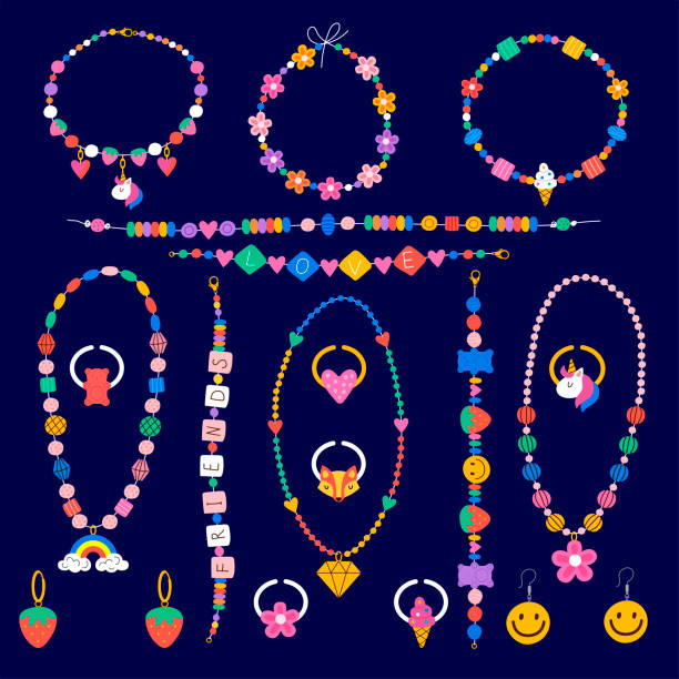 biżuteria dziecięca. plastikowe koraliki zdobiące ręcznie formowane elementy w stylu lat 90., biżuteria, akcesoria, najnowsze wektorowe szablony kreskówek. ilustracja ręcznie robionej biżuterii - necklace jewelry backgrounds craft stock illustrations