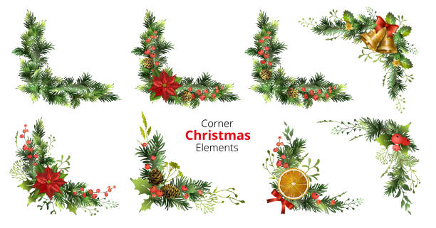 ilustrações de stock, clip art, desenhos animados e ícones de set of corner christmas elements with poinsettia, berries, cones, jingle bells, orange slices. spruce corner garlands. - christmas
