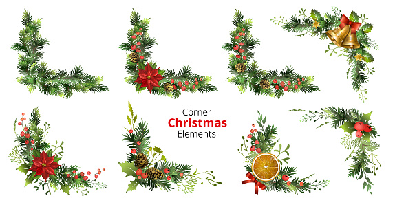 Set of corner Christmas elements with poinsettia, berries, cones, jingle bells, orange slices. Spruce corner garlands. Vector illustration.
