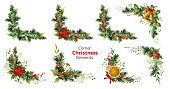 istock Set of corner Christmas elements with poinsettia, berries, cones, jingle bells, orange slices. Spruce corner garlands. 1438695844