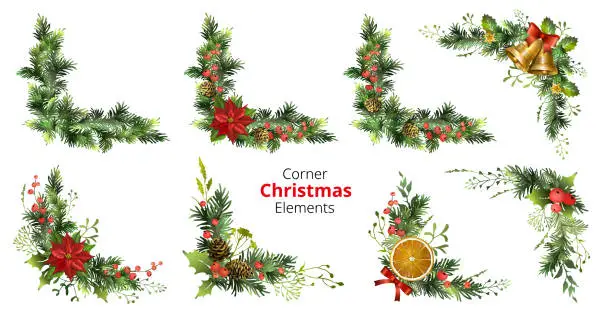 Vector illustration of Set of corner Christmas elements with poinsettia, berries, cones, jingle bells, orange slices. Spruce corner garlands.
