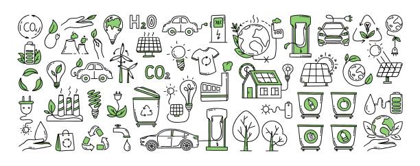 A set of elements. Co2 concept of climate change. Recycling. Separation of garbage. Vector isolated doodle A set of elements. Co2 concept of climate change. Recycling. Separation of garbage. Vector doodle co2 drawings stock illustrations
