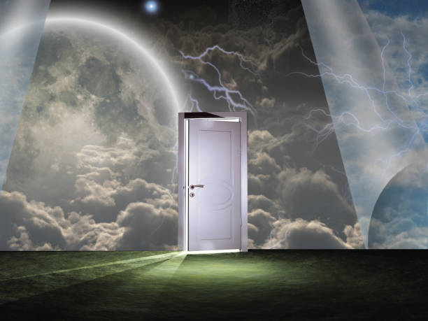 istock Sky curtains and white door 1438698733