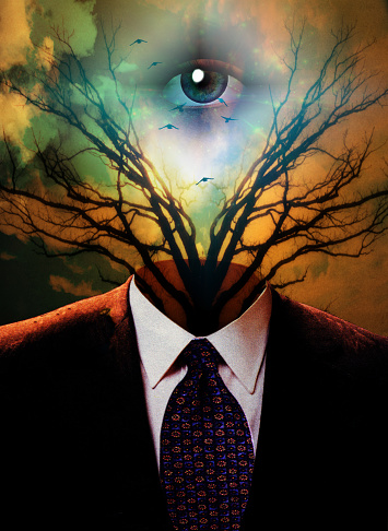 Empty suit with branches of tree and ghost's face in the clouds. 3D rendering