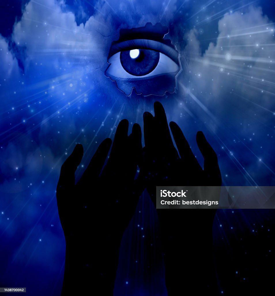Prayerful Hands and Eye Prayerful Hands and Eye. 3D rendering Atmospheric Mood Stock Photo