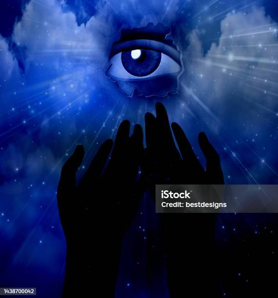 Prayerful Hands And Eye Stock Photo - Download Image Now - Atmospheric Mood, Awe, Backgrounds
