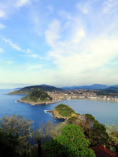 A vertical high angle shot of a mesmerizing beach scenery in San Sebastian, Spain