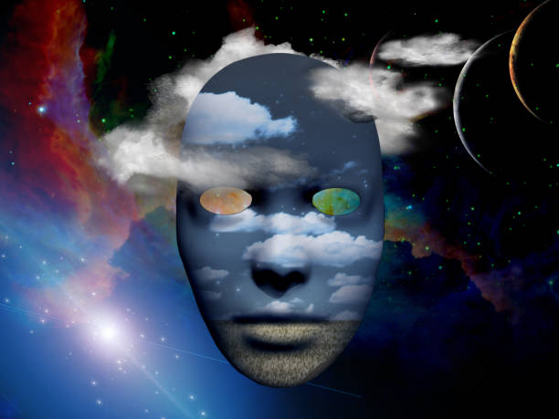 mask in unreal scene - spirituality eyesight space abstract imagens e fotografias de stock