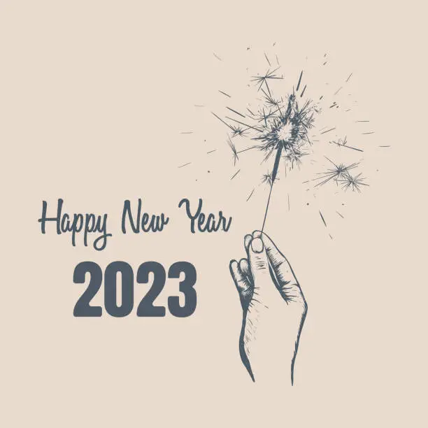 Vector illustration of Sparkler in hand.Happy new year 2023 vector illustration.